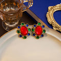 Gold Red Oval Cabochon Multicolor Gem Stud Earrings view 3