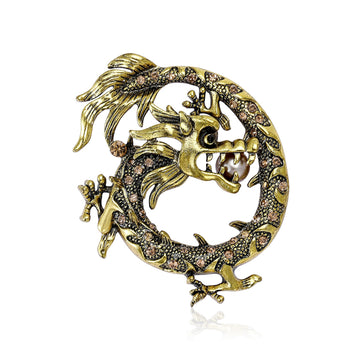 Antique Tone Coiled Dragon Brooch for Jackets, Coats, and Scarves