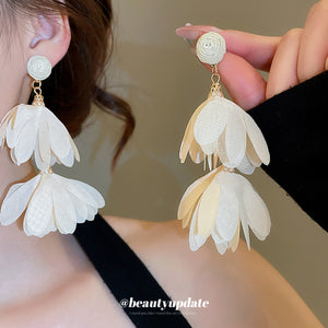 Layered Fabric Petal Drop Earrings with Reflective Details