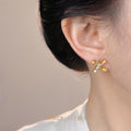 Gold Enamel Bow Stud Earrings Pearl Crystal Ginkgo view 2