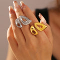 Dual Teardrop Openwork Geometric Ring Gold and Steel Finish view 1