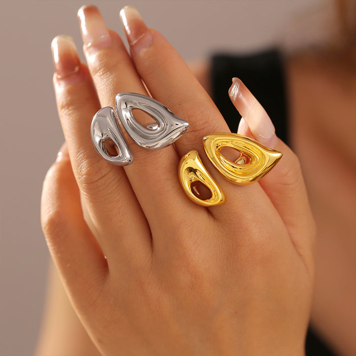 Dual Teardrop Openwork Geometric Ring Gold and Steel Finish