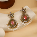 Antique Gold Red Teardrop Pearl Fringe Floral Stud Earrings view 1