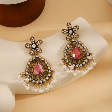 Antique Gold Red Teardrop Pearl Fringe Floral Stud Earrings