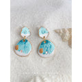 Gold Tone Aqua Ocean Scene Round Disc Drop Stud Earrings view 4