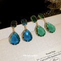 Faceted Teardrop Crystal Earrings in Blue and Emerald Green view 3
