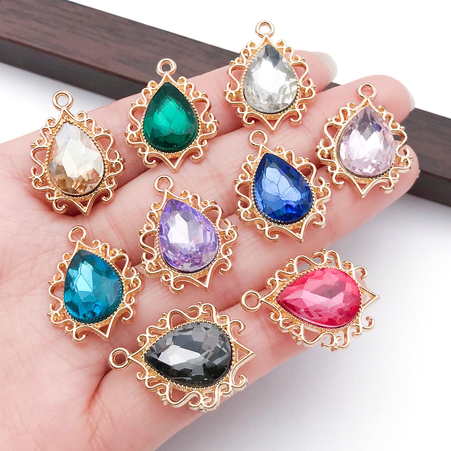 Glass Rhinestone Teardrop Charm Pendant with Lace Edge for DIY Earrings Necklace