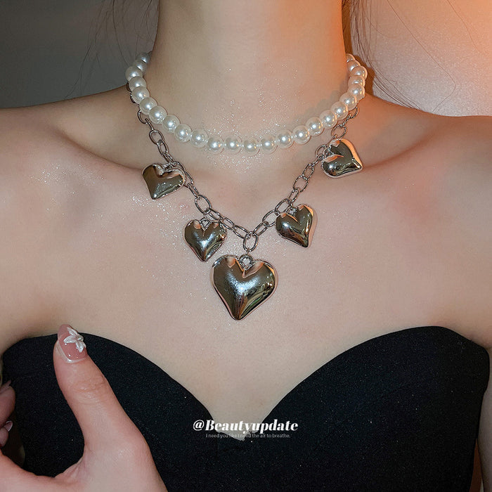 Gold and Silver Tone Pearl Necklaces with Heart Charms