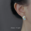 Gold Tone Blue Gray Polygon Camellia Relief Enamel Stud Earrings view 2