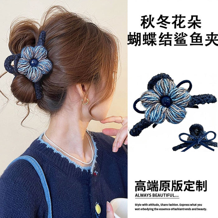 Blue Yarn Flower Knit Claw Clip Shark Hair Accessory