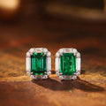 Green Emerald-Cut Solitaire Halo Stud Earrings In Silver Tone view 5