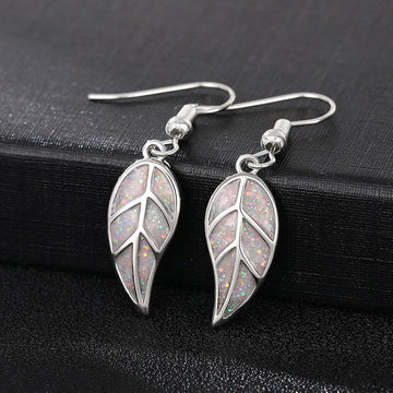 Silver Opal Glitter Leaf Drop Hook Earrings Pair Metal