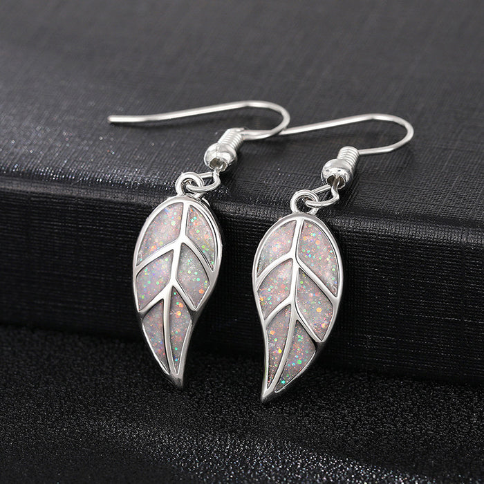 Silver Opal Glitter Leaf Drop Hook Earrings Pair Metal