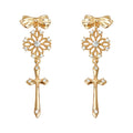 Gold Bow Flower Lace Cross Pendant Drop Earrings Pair view 5
