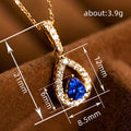 Gold Blue Pear Teardrop Halo Pendant Necklace Clear CZ Frame view 4