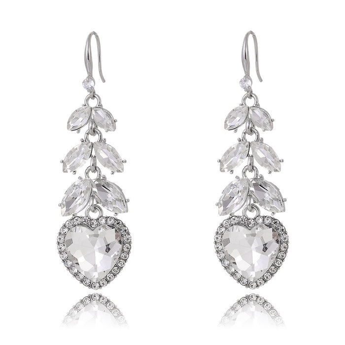Silver Tone Crystal Leaf Heart Openwork Crystal Four Designs Metal Dangle Earrings