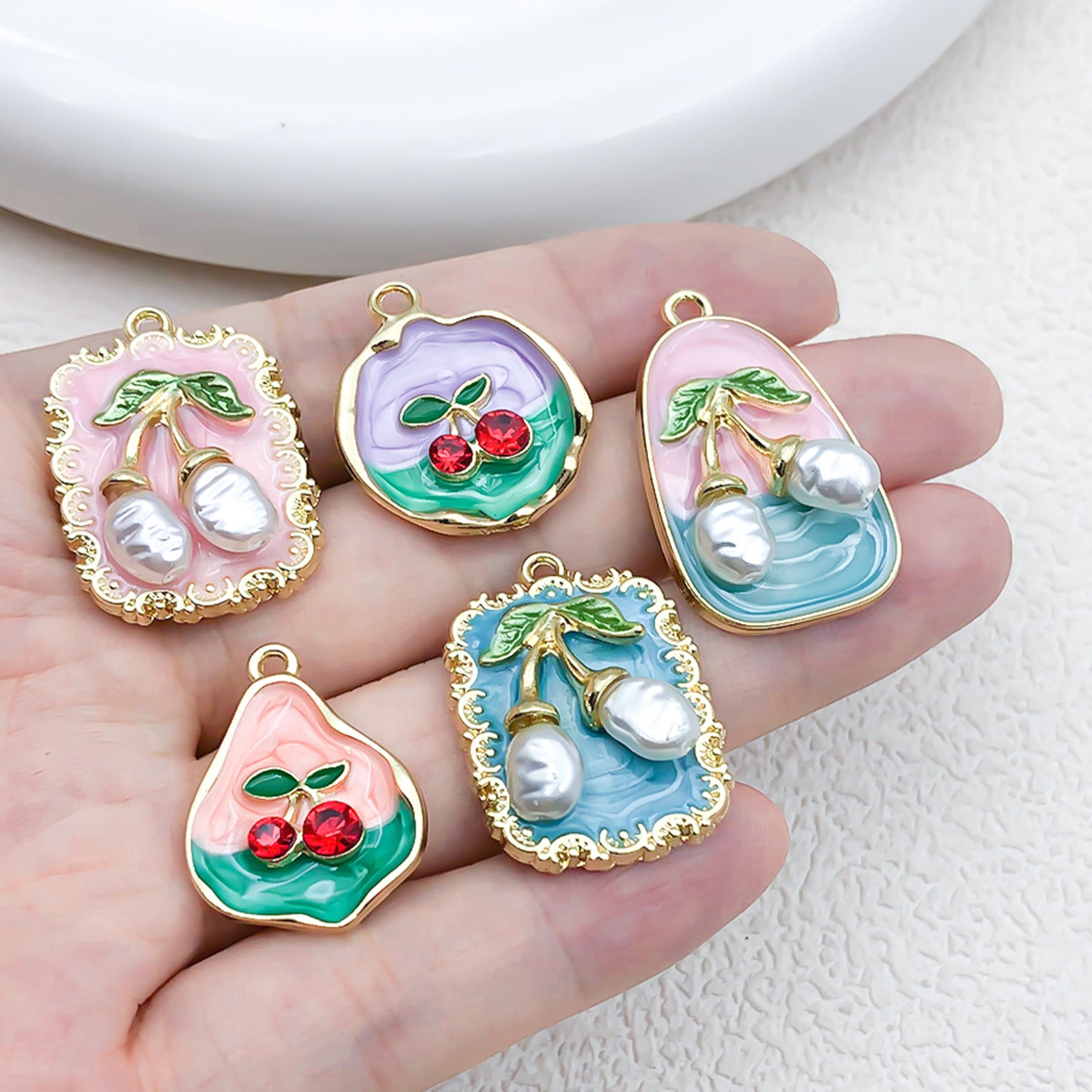 Zinc Alloy Enamel Pearl Cherry Charm Pendant for DIY Necklace Bracelet Earrings