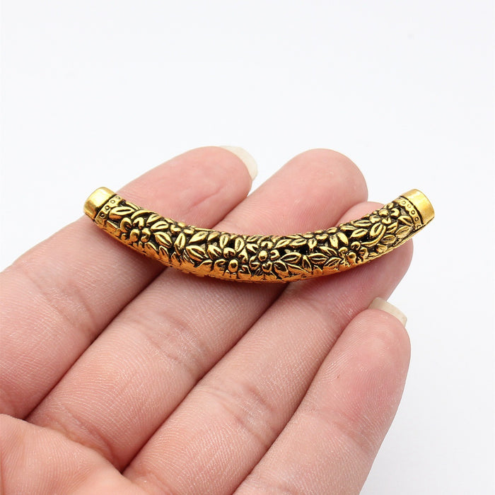 Antique Gold Curved Tube Bead with Floral Leaf Texture