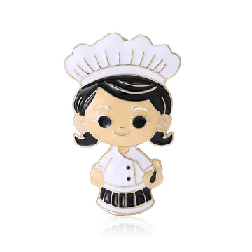 White Uniform Chef Girl Brooch With Black Hair and Apron