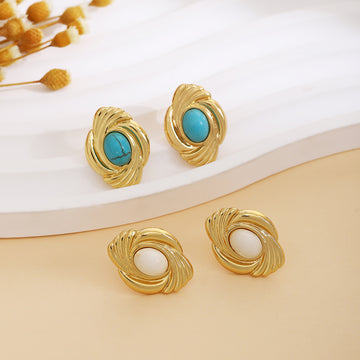 White and Aqua Oval Stone Look Gold Tone Stud Earrings