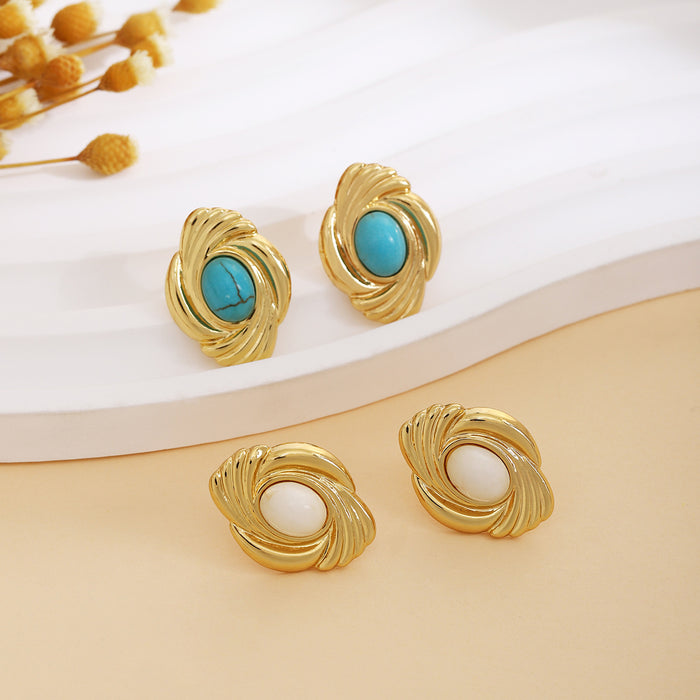White and Aqua Oval Stone Look Gold Tone Stud Earrings