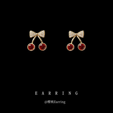 Gold Crystal Bow Mini Red Cherry Stud Earrings Pair