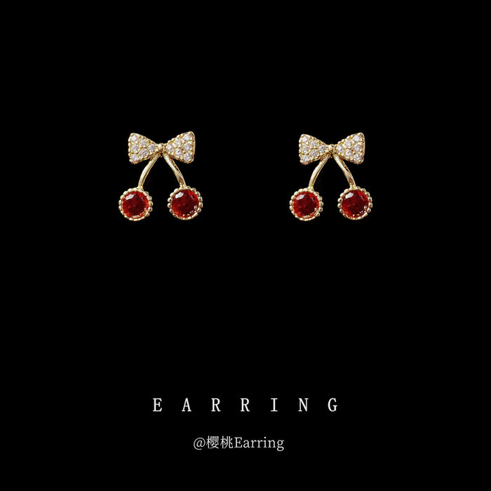 Gold Crystal Bow Mini Red Cherry Stud Earrings Pair