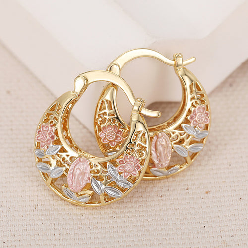 Gold-tone openwork hoop earrings with pink roses and pale leaves