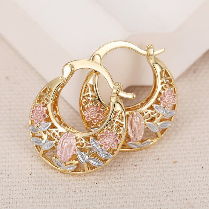 Pink Floral Openwork Hoop Earrings In Polished Gold Tone