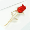 Long Stem Red Rose Flower Brooch with Polished Gold Tone Leaves view 2