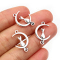 Cat Sitting on Crescent Moon Metal Charms in Antique Silver Tone view 1