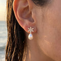 Gold Pave Flower Stud Teardrop Pearl Drop Earrings view 3
