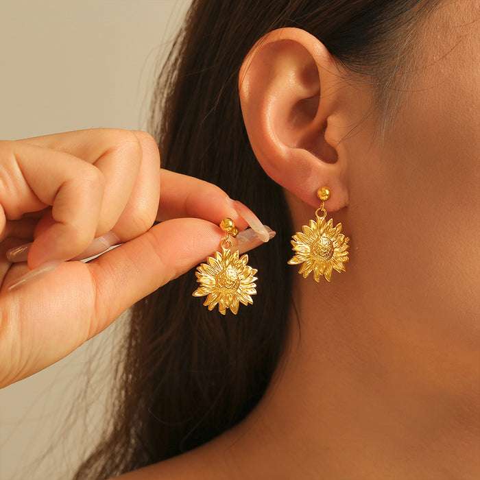 Textured Sunflower Drop Earrings Gold Or Steel Finish