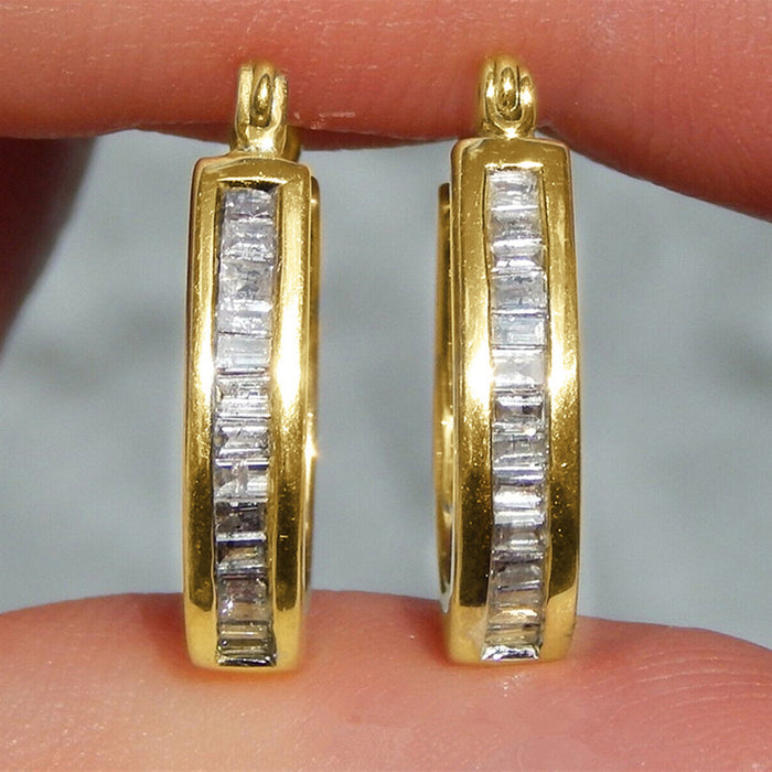 Gold Tone Rectangular Huggie Earrings with Clear Crystals