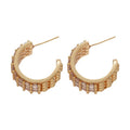 Wide Silver Tone Crystal C Hoop Stud Earrings with Stone Rows view 5