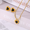 Gold Heart Black Acrylic Center Stud Earrings And Necklace view 4