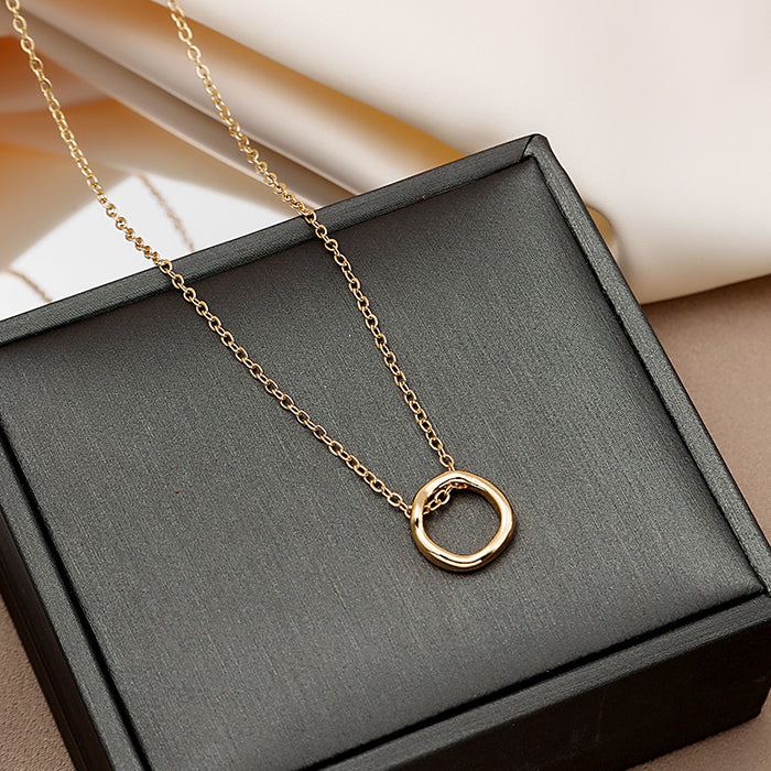 Gold Tone Irregular Double Ring Pendant Fine Chain Necklace