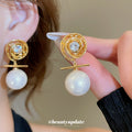 Gold Swirl Clear Stone and Pearl Drop Stud Earrings view 1