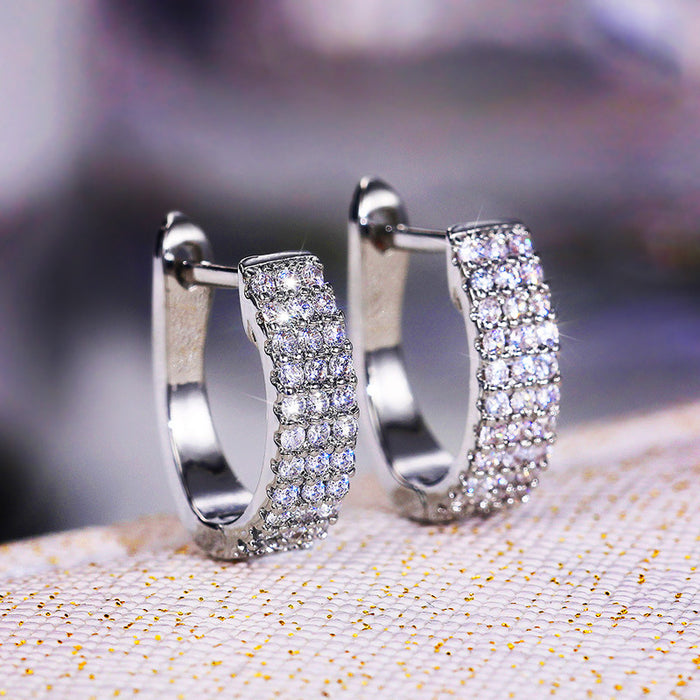 Silver Triple-Row Pavé CZ U-Shape Huggie Earrings Pair