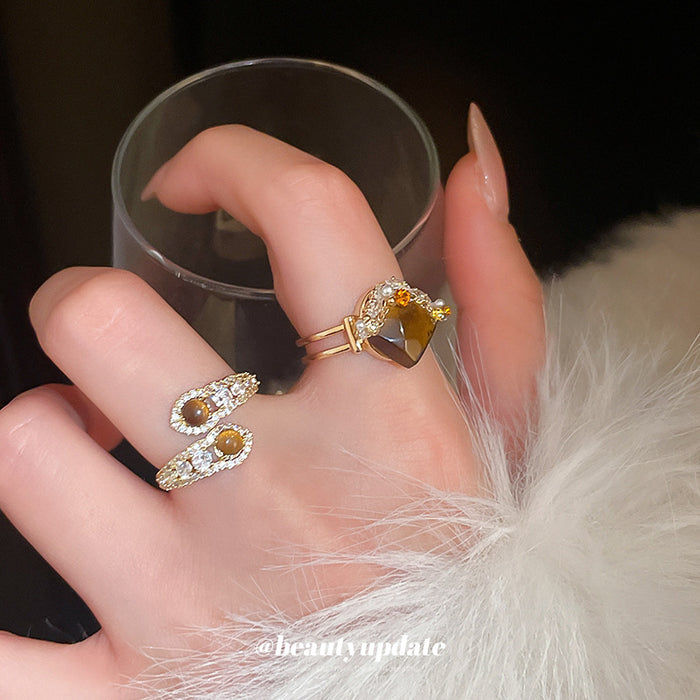 Gold Tone Brown Oval Double End Crystal Open Ring With Extra Style