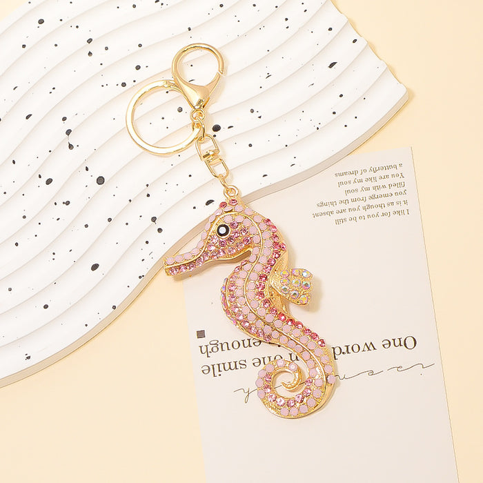 Rhinestone Seahorse Keychain Gold Metal Ocean Animal Charm