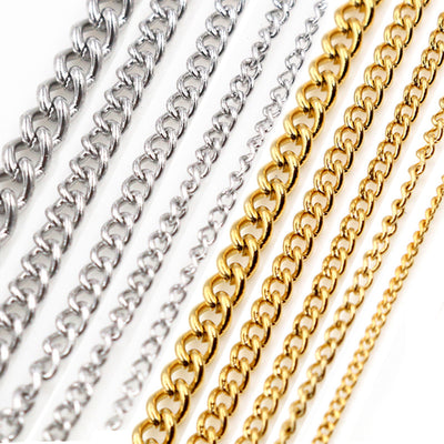 Overview of ten fine-to-chunky chain options in silver and gold tones on a light background