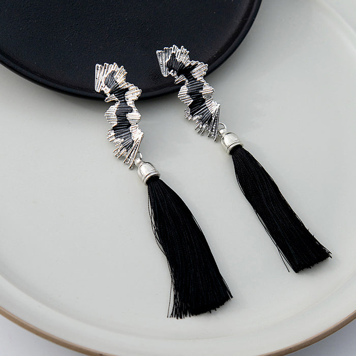 Silver Jagged Black Thread Tassel Long Stud Earrings