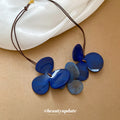 Blue Trillium Petal Statement Necklace Brown Cord Double Strand view 4