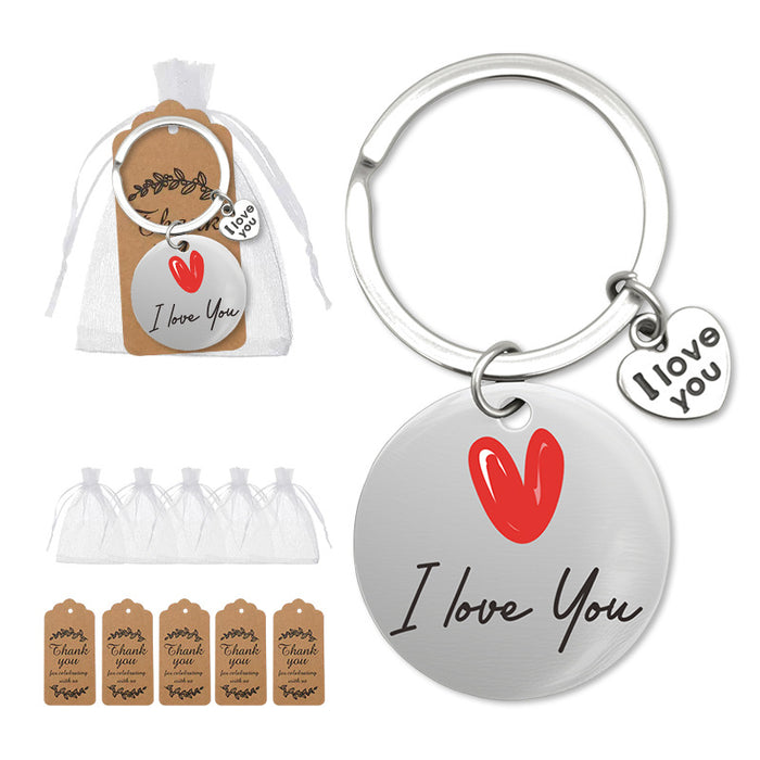 Silver Round Red Heart I Love You Message Keychain