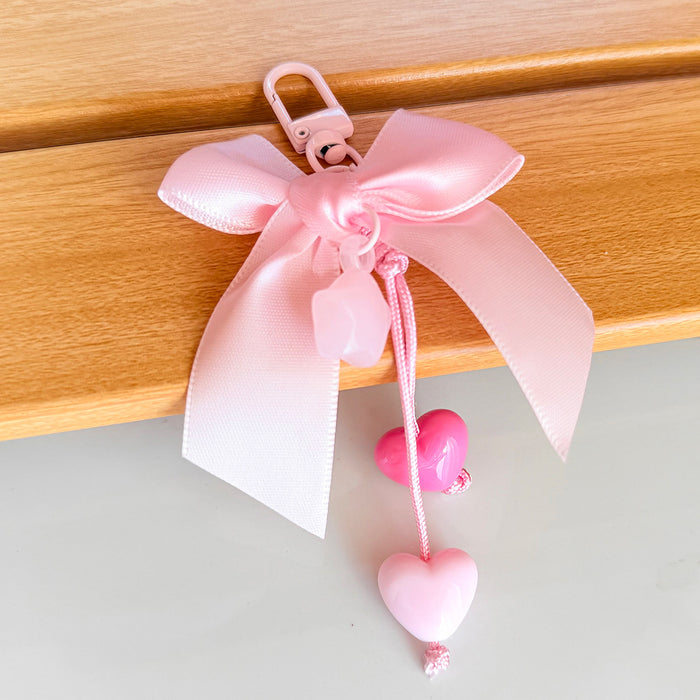 Ribbon Bow and Heart Charm Bag Clip with Lace Tassel