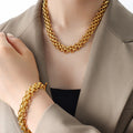 Chunky Woven Chain Necklace And Bracelet OT Toggle Gold Steel view 1
