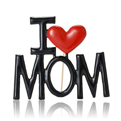Front view showing the i love mom letter brooch with glossy raised red heart accent