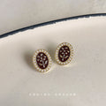 Gold Oval Wine Red Flower Enamel Stud Earrings Pearl Border view 2