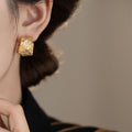 Textured Gold Tone C Hoop Stud Earrings with Folded Shape view 4